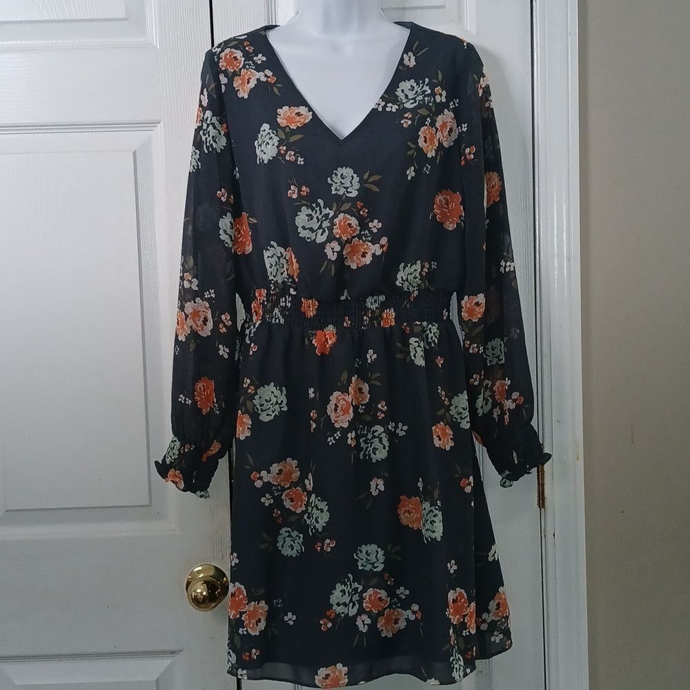 Loft Outlet gray floral print elastic waist mini dress Sz M NWOT